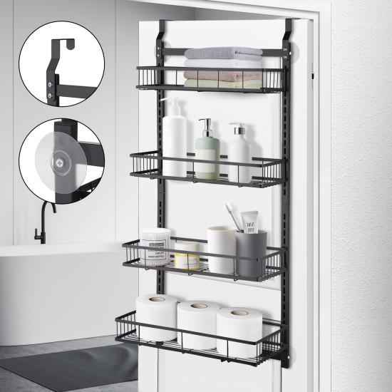 4 Tiers Kitchen Bathroom Pantry Over The Door Hanging Organizer Adjustable Baskets Storage Rack Shampoo Conditioner Body Wash Shelf